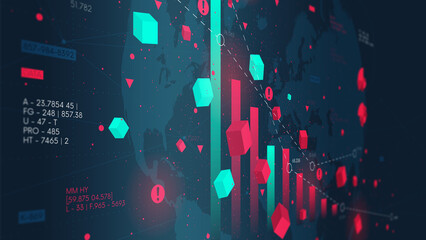 Financial big data analytic and business infographic, analysis and charts investment and trade, columns, crisis of the global economy, monitor screen in perspective