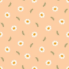 Floral seamless vector pattern with blooming daisies. Cartoon texture with vintage flowers. Scandinavian style background for wrapping paper, packaging, gift, fabric, wallpaper, textile, apparel.