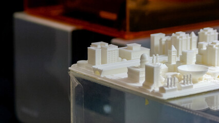 Beautiful city model printed on a 3D printer. Architectural technical construction project.