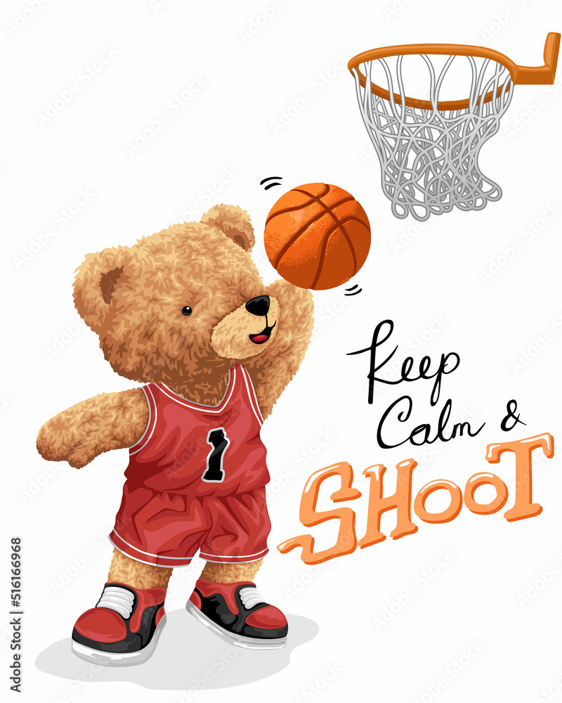 Wall mural hand drawn vector illustration of teddy bear playing basketball