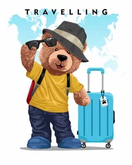 Fotobehang Vector illustration of teddy bear in traveler clothes with travel bag on world map background © Bhonard21