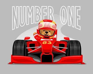 Vector illustration of teddy bear on formula one car