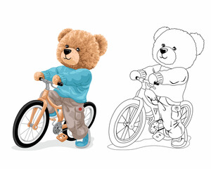 Hand drawn vector illustration of teddy bear cycling. Coloring book or page
