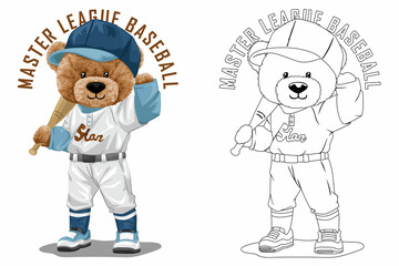 Hand drawn vector illustration of teddy bear in baseball costume. Coloring book or page