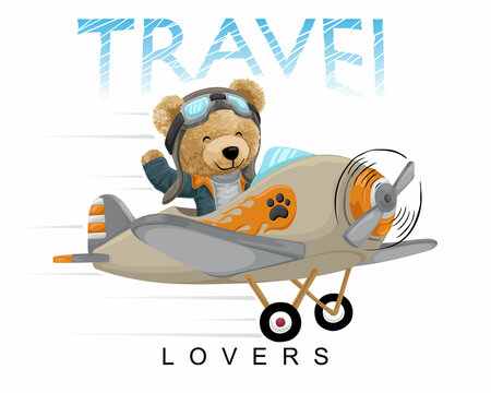Vector illustration of teddy bear on airplane