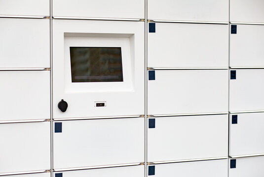 Mail Terminal With Automatic Self-service Boxes Close-up.