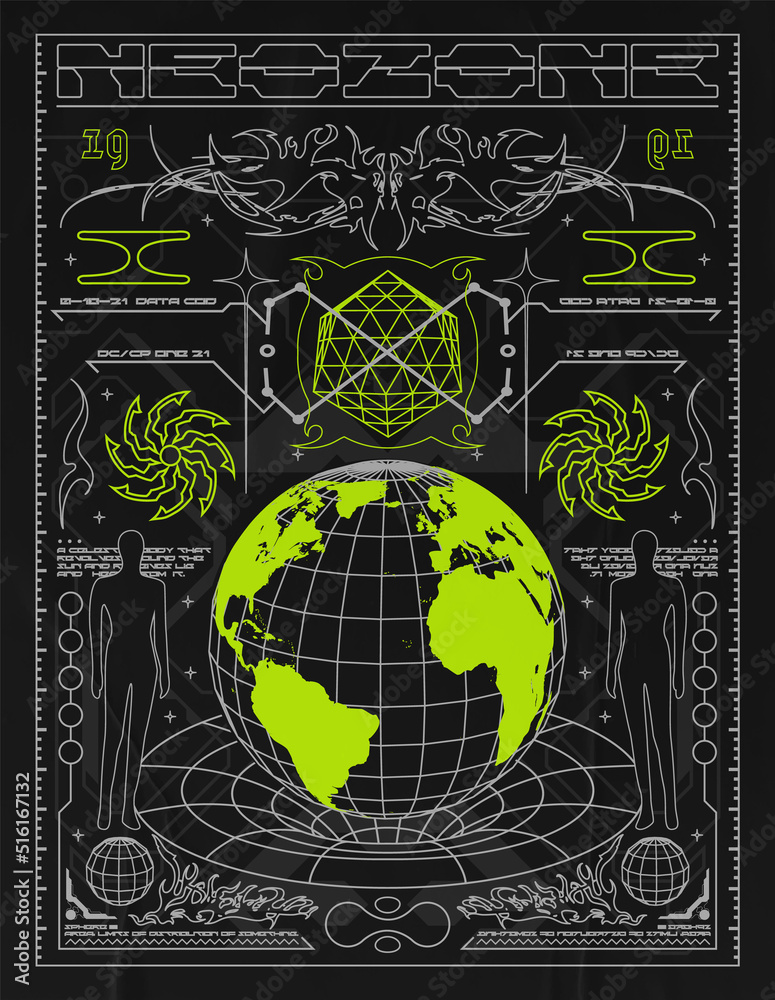 Wall mural techno poster with 3d planet earth. in futuristic style, with techno design elements, print for a cl