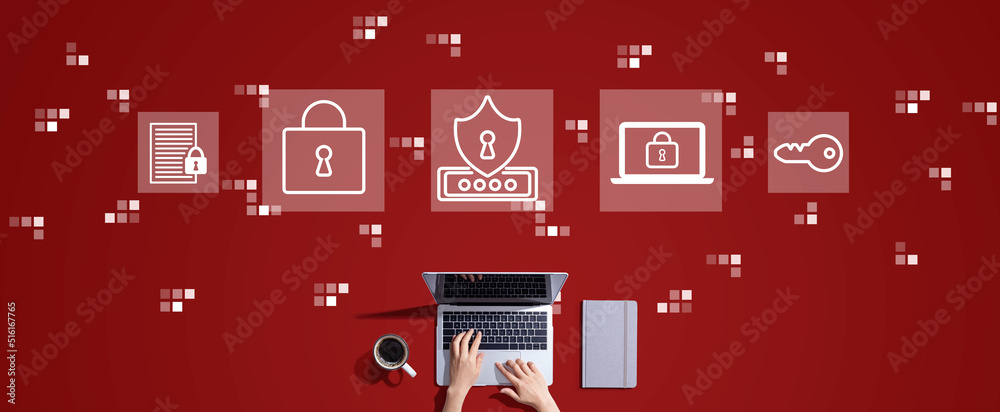 Wall mural cyber security theme with person working with a laptop