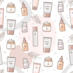 Seamless pattern, vector illustration. Outline drawing and abstract shapes. Cosmetics and plants. Cosmetics for skin care. Tonic, washing foam, cream, serum with vitamin C, cream for sun protection.
