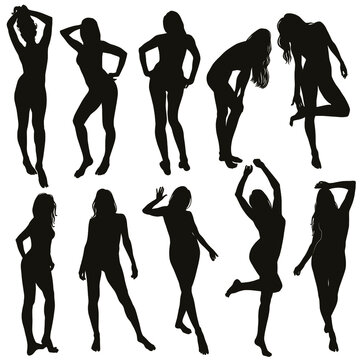 Collection of many black vector silhouettes of women in different poses. Silhouettes of beautiful sexy girl isolated on white background. Black profile of slim woman body.