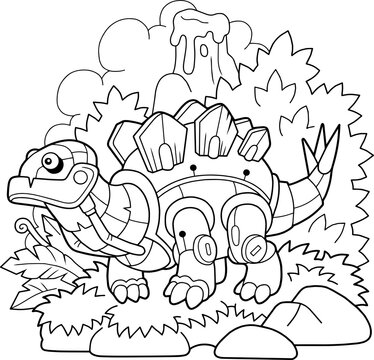cartoon robot dinosaur stegosaurus, coloring book for children, funny illustration