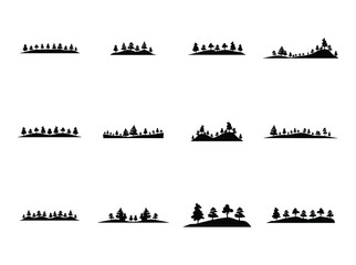 Set of tree vector icon flat, mountain, hills silhouette, isolated on white background.