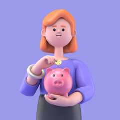 3D illustration of smiling businesswoman Ellen putting coin into huge and oversized pink piggybank. 3D rendering on yellow background.
