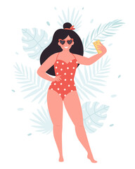 Woman in retro glasses and swimsuit making selfie or recording video on mobile phone. Hello summer, summer vacation, summer fun. Hand drawn vector illustration