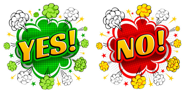 Comic speech bubble, like an explosion, with words Yes and No. Bright dynamic cartoon design in retro pop art style with halftone effect. Feedback concept. Vector illustration