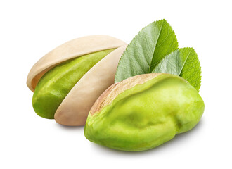 Pistachios with leaves, isolated on white background