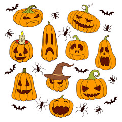 Set of cute and funny pumpkins. Design for Halloween. Vector illustration.