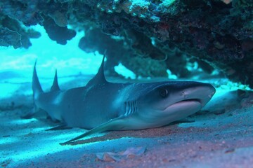 Fototapeta na wymiar Whitetip reef shark (Triaenodon obesus) resting under the coral reef.