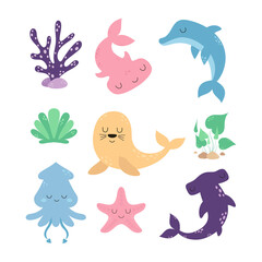 set of marine fish and animals, vector illustration