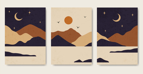Day and night mountain texture landscape poster set.