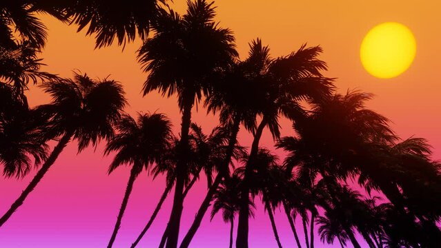 Movement along palm alley, bottom view of coconut palm trees in sunshine. 3d Synthwave animated background. Seamless loop.