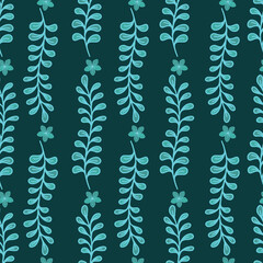 Fototapeta na wymiar Branch with leaves and small flower detail. drawn by hand. isolated on a darkgreen background. Pattern design for Fabric, paper, cover, wrapping paper, interior.