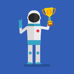 Astronaut holding golden cup and showing thumbs up. Flat people. Vector Illustration