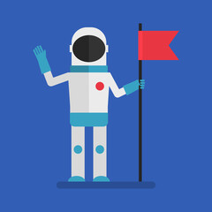 Astronaut holding flag and waves his hand. Flat people. Vector Illustration