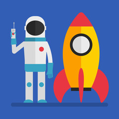 Astronaut standing near spaceship and holding walkie talkie. Flat people. Vector Illustration