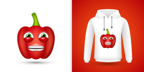 Red Bell Pepper on white sweatshirt hoodie. Vector