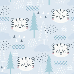 Hand drawn seamless pattern with cute tiger. Creative scandinavian background. Cartoon animals background. design for, wallpaper, wrapping, fabric, and all your creative project
