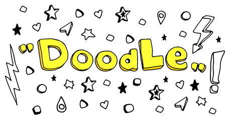 Vector set of verbal yellow doodles and simple elements asterisks, circles, squares, zippers, quotes, exclamation mark, hearts, star, hand-drawn in the style of doodles isolated black outline on white