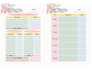 Monthly and weekly budget planner. Glider design. Vector illustration.