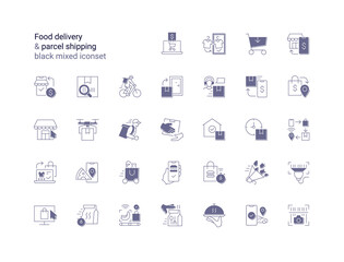 Food delivery & parcel shipping black mixed iconset