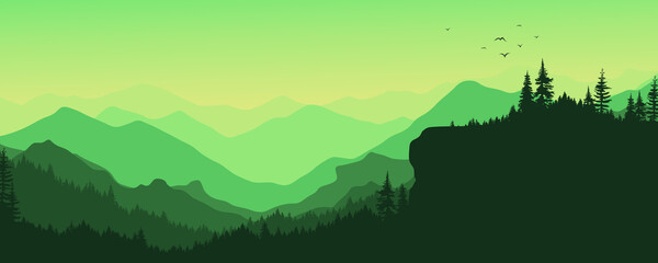 Sunset in the morning, silhouette of mountains and forests, design templates, posters, book covers and magazines.