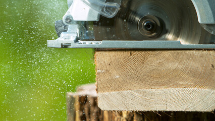 Cutting Wood Log with Circular Saw, Macro Shot