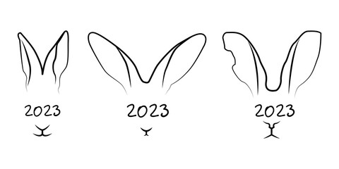 A  vector linear sketch of the drawing of the inscription 2023 and a contour silhouette of a hare  rabbit  a solid continuous line. © Valery