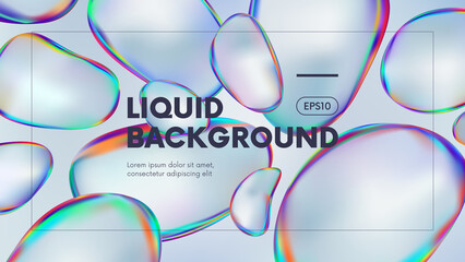 Abstract liquid background with iridescent holographic gradient colorful round shapes, fluid splash rainbow gasoline spill bubble, trendy vector illustration