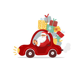 Modern Santa Claus is carrying a bunch of gifts in a car. Funny and cute christmas character for postcard, banner design. Flat cartoon vector illustration of winter holiday isolated on white