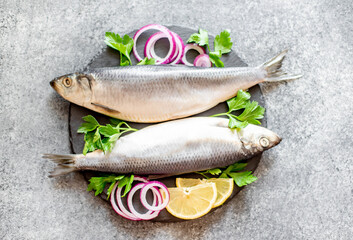 salted herring with red onion and parsley on stone background