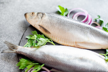 salted herring with red onion and parsley on stone background
