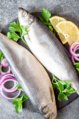 salted herring with red onion and parsley on stone background