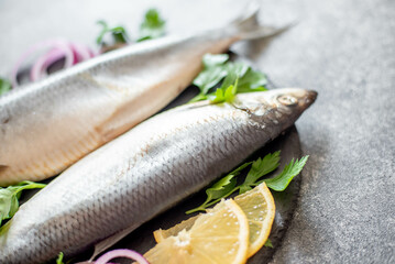 salted herring with red onion and parsley on stone background