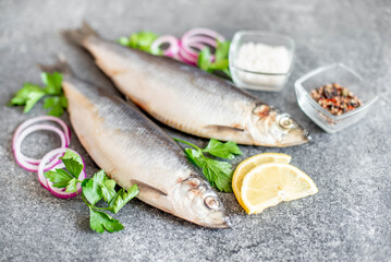 salted herring with red onion and parsley on stone background