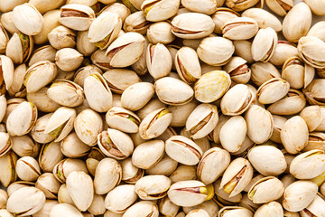 Pistachios. Pistachio nuts background. Healthy natural vegetarian organic food. Top view, copy space