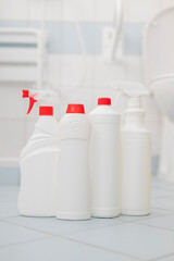 detergents for house cleaning in the bathroom in bottles for disinfection and cleanliness