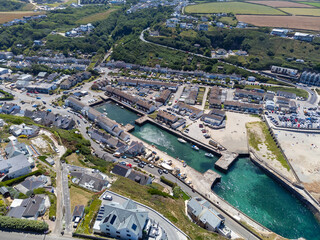 Obraz premium Portreath harbour on a sunny day cornwall england uk aerial drone 