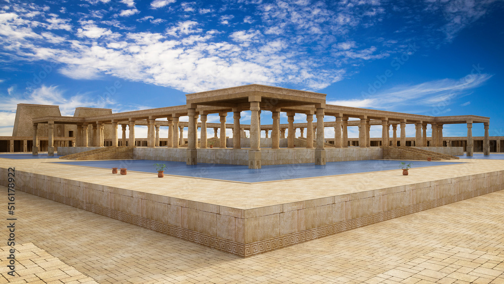 Poster ancient egyptian pharaohs palace with stone columns and a large blue water pool. 3d rendering.