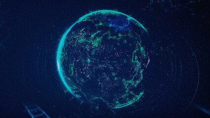 Digital data globe, abstract 3D scientific and technological background. Animation. Earth planet surrounded by schematic bridges of dots and lines, plexus style, communication concept.