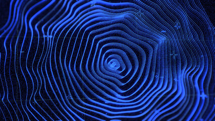 Abstract waving texture of glowing blue rings on black background, seamless loop. Animation. Many circles of dark blue and different size vibrating and spinning.